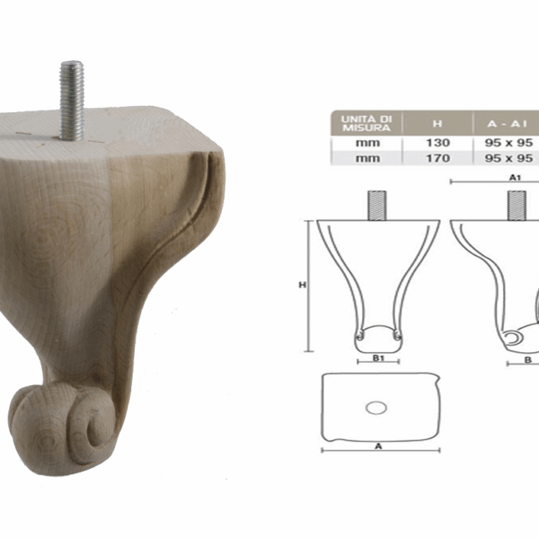 Piede Legno Faggio Grezzo con Vite Filettata Ma10x30 d.95x95/35 mm.130h | Gpi
